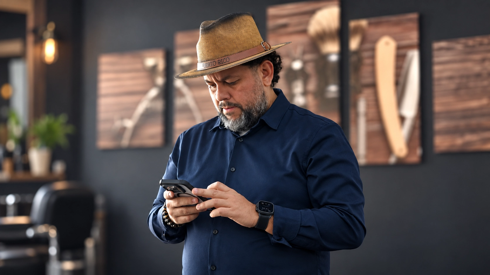 Kelvin, Refugio’s founder, in a Puerto Rico hat looking at his phone in the shop
